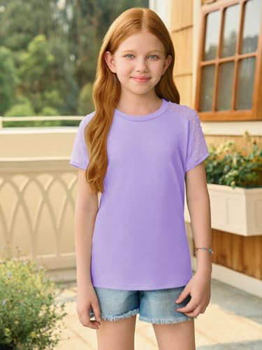 Haloumoning Girls Summer Swiss Dot Short Sleeve T-Shirts Kids Crewneck Tops Cute Fashion Tees 5-14 Years2