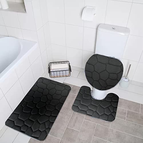 Momolaa Toilettendeckelbezug Blau 3-teiliges Badvorleger-Set aus Rock-Memory-Schaum, Flanell-Prägematte, WC-Deckelbezug 19 Badezimmerteppich (Black, B) – Bild 3