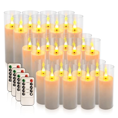 Image of 24-Pack Premium Flameless LED Candles - Elegant White & Clear Acrylic Pillar Design with Realistic Flickering Flame, Remote Control & Timer for Weddings, Christmas, Halloween & Home Decor