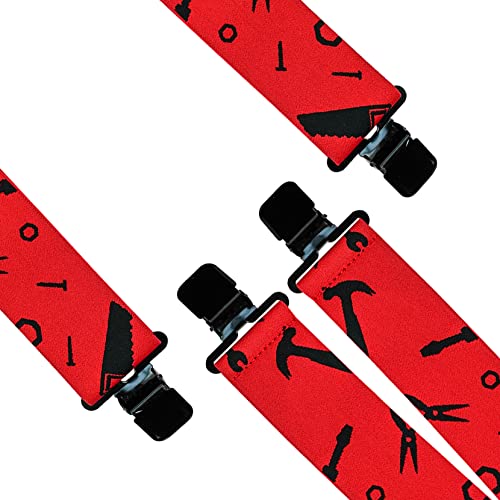 Image of MELOTOUGH Men's Suspenders Fully Elastic 2 inch Wide X back Heavy Duty Work Suspenders for Jeans (Red Hand Tools & Yellow Rule)