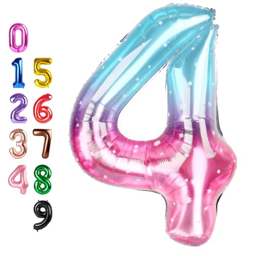Image of Number Balloons 4 Balloon 40 inch for 4 Birthday Decorations, Blue and Pink | Saturated Color, Large 40 in, With Inflation Straw & Hanging Hole, Great for Men's Party, Back-To-School Season, Pool Party