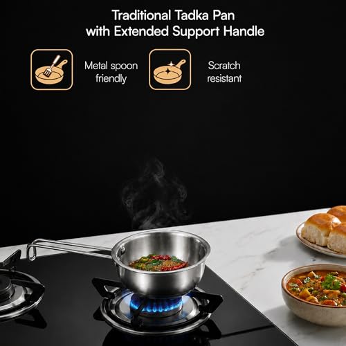 Image of Lumora Triply Stainless Steel Tadka Pan 12 cm (500 ml) with Extended Support & Riveted Stay-Cool Handle, Enhanced Stability, Tempering Pan for Dal, Curry, Ghee & Spices, Induction & Gas Ready