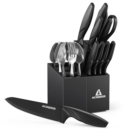 ACOQOOS Knife Set with Flatware Set, 20-Piece Kitchen Knife Sets Include 10-Piece Kitchen Knives & 8-Piece Knife Fork Spoon Set for Slicing, Dicing, Storing