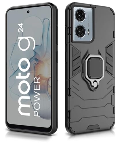 Image of WOW IMAGINE Shock Proof Back Case Mobile Cover for Motorola Moto G24 Power 5G | Back Cover Case (Tough Armor | Hybrid PC + TPU | Ring Holder & in-Built Kickstand | Black)