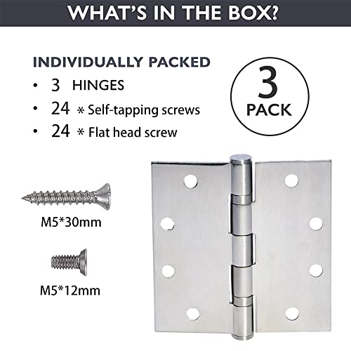 3-Pack Heavy Duty Commercial Door Hinge With Silent Steel Plain Bearing, 4.5 Inch X 4.5 Inch, Thickness 3 Mm Stainless Steel，Super Bearing Capacity #TOP5