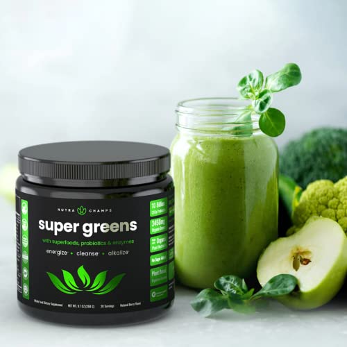 Nutra Champs Super Greens Powder Premium Superfood - Berry Flavor - 16 Oz Plastic Clear Bottles With Caps - Bundle Pack - 60 Servings - 20+ Organic Green Veggie Whole Foods - 18.2 Ounce (Pack Of 2) #TOP1