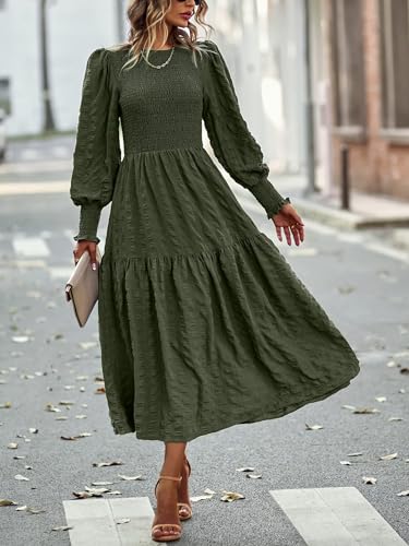 PRETTYGARDEN Women 2025 Spring Puff Long Sleeve Crewneck Smocked Maxi Dress Empire Waist Tiered A-line Swing Flowy Long Dress3