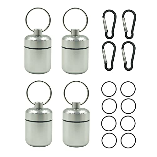 4 Pieces Keychain Pill Holder,Waterproof Seal Small Pill Box Mountaineering Keychain Portable Aluminum Alloy Pill Container Portable Coin Storage Earplug Case (Silver) #TOP6