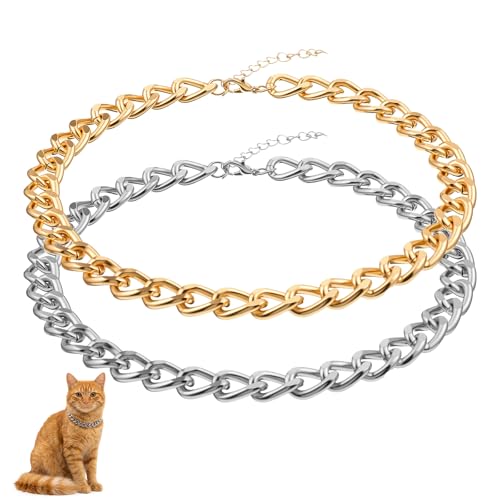 Larrel 2 Pcs Cat Chain Collar Adjustable Metal Chain for Cat Pet Necklace Jewelry Exquisite Pet Stylish Decorative Accessory for Small Cats Dogs(Gold Silver)
