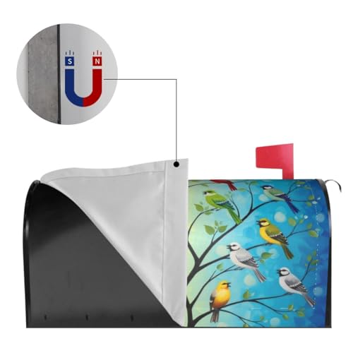Image of Colorful Birds Tree Mailbox Cover Magnetic Birds On Branch Waterproof Mailbox Wraps Post Letter Box Decor 25.5x21 in