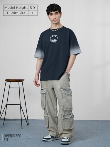 Image of The Souled Store Batman: to The Rescue Men and Boys Short Sleeves Round Neck Grey Graphic Printed Cotton Oversized T-Shirts