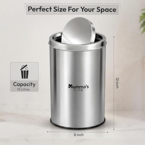 Image of Mumma's LIFE 10L Dustbin for Kitchen with Lid | Stainless Steel Swing Lid Trash Can | Steel Trash Can for Home & Office | Dustbin for Bathroom, Bedroom & Washroom (8x12 Inch)