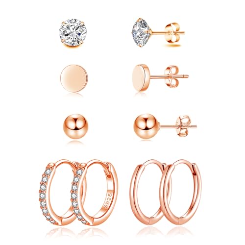 Loutade Ohrringe: 5 Paare Sterling Silber Creolen Ohrstecker Set, Hypoallergene Kleine Knorpel Schlafen Creolen Rose Gold Ohrstecker, Cubic Zirkonia Ohrringe Rose Gold für Damen
