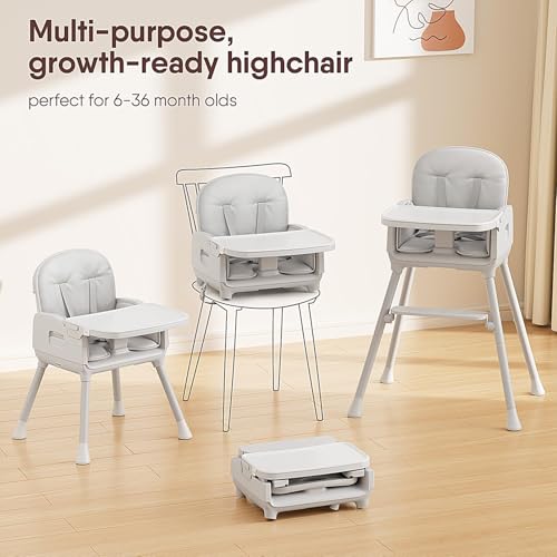 Image of Obee Odee 3-in-1 Portable Baby High Chair for Babies and Toddlers, Convertible Easy Clean Infant Foldable Highchair with Adjustable Legs & Dishwasher Safe Tray, Grey