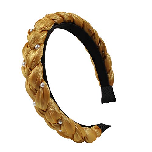 Twist Pearl Headband for Women - Vintage Wide Chiffon Headbands Knotted Alice Hair Band, Braided Elastic Non-slip Ribbon Hairband (Yellow)