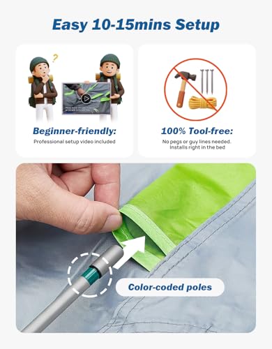 Image of JOYTUTUS Pickup Truck Tent 2.0, Waterproof PU2000mm Double Layer for 2 Person, Portable Truck Bed Tent with Rainfly, 5.5'-5.8' Camping Preferred - Green