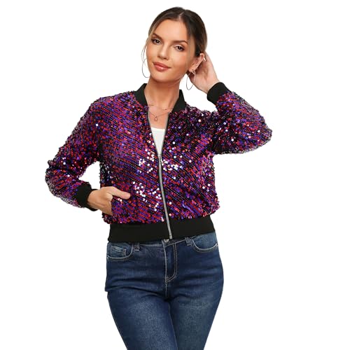 Women's Sequin Jacket Sparkly Cropped Bomber Long Sleeve Zipper Up Casual Party Blazer With Pockets2