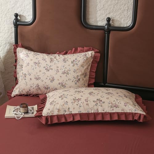 Image of VM VOUGEMARKET Red Ruffle Duvet Cover Twin,Vintage Rose Flower Bedding Set with Zipper Ties 100% Cotton Romantic Lace Comforter Cover for Teen Girls