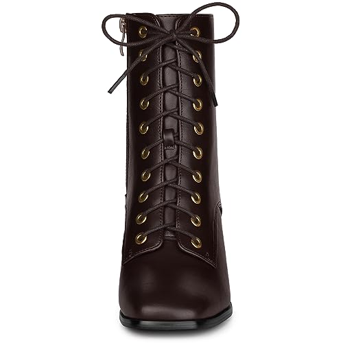 Allegra K Women's Lace Up Square Toe Chunky Heels Ankle Combat Boots3