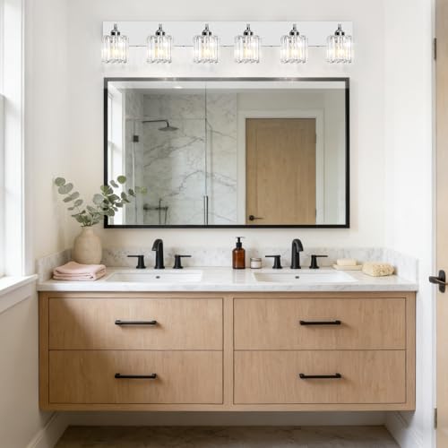 Image of Brushed Chrome Crystal Bathroom Vanity Light, 6-Light Modern Bathroom Lighting Fixtures Over Mirror,Chrome Wall Sconce Light Fixtures with Square Shade