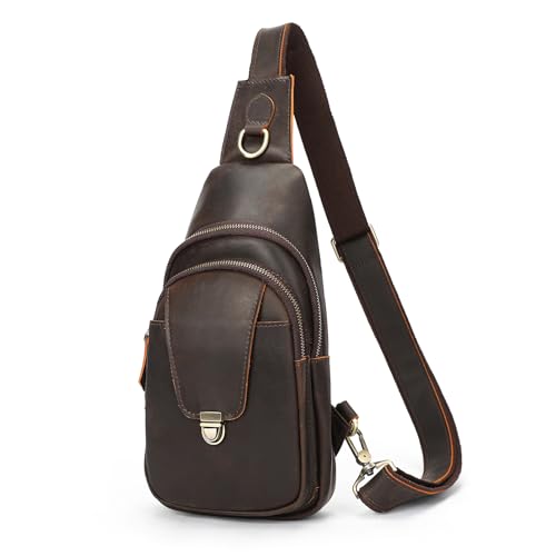 Image of NIUCUNZH Genuine Leather Sling Bag Front Metal-Latch Crossbody Bags Handmade Vintage Chest Shoulder Backpack for Women Men