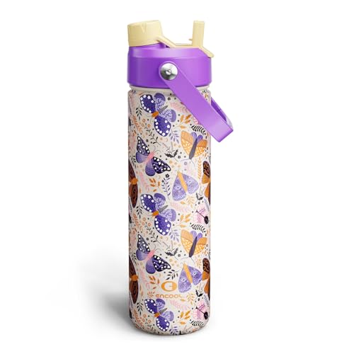 Image of ENCOOL Insulated Water Bottle with Straw Stainless Steel Water Bottle, Leak-Proof, BPA-Free, Double Wall Vacuum Keeps Cold for 24 Hours for Sports, Travel, School (26 oz, Lavender Butterfly)