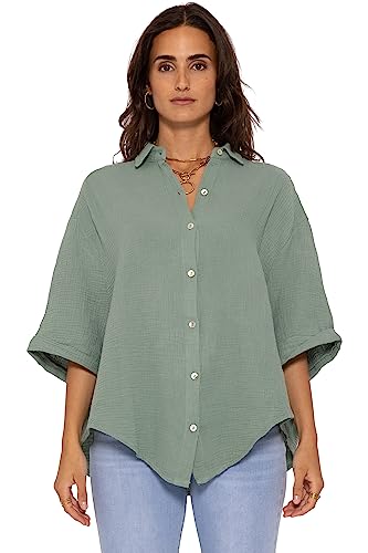 SASSYCLASSY Oversize Musselin Bluse Damen Kurzarm in Grün - Sommer...