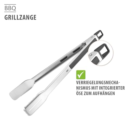 GEFU Grillzange BBQ – Edelstahlzange mit Antirutsch-Griff, flacher Vorderkante & Fettablaufschlitz, mit praktischer Verriegelung & Aufhängeöse - 42,5 cm Länge