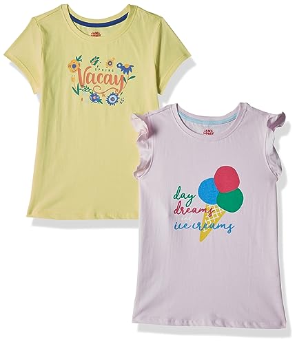 Image of Amazon Brand - Jam & Honey Girls Cotton Graphic Printed Half Sleeves T-Shirt | Regular Fit | Soft & Breathable | Age 2-8 Years (Available in Pack of 5 & Pack of 3)