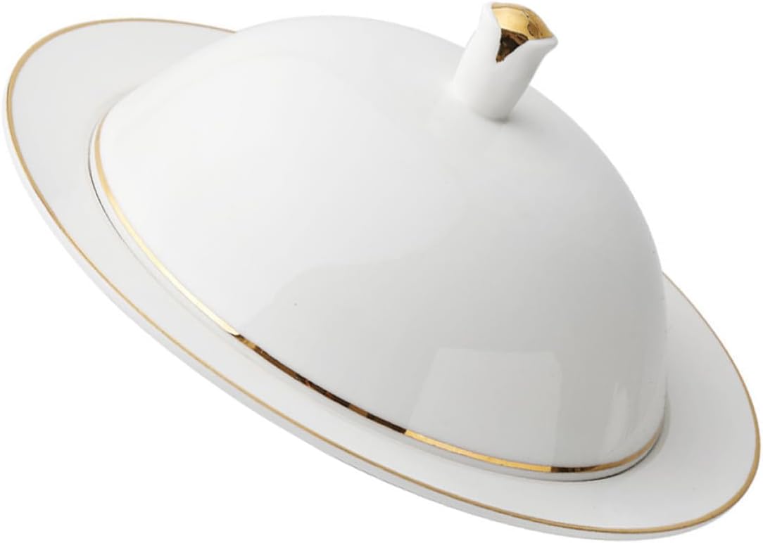 Ceramic Dessert Plate with Gold Rim and Cover, 8-inch Household Food Serving Dish for Steak and Sweets, Porcelain Dinnerware Suitable for Home and Restaurant Use