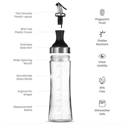 Superior Glass Oil and Vinegar Dispenser, (set of 2) Modern Olive Oil Dispenser, Wide Opening for Easy Refill and Cleaning, Clear Lead Free Glass Oil Bottle, Pouring Spouts, 18 Oz. Cruet Set