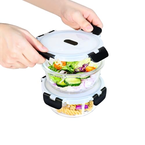 ERUIV Boite Vonservation Verre ronde, 2 pièce 620ml Lunch Box, Boite En Verre Avec Couvercle Alimentaire garder frais, recipient verre wtransparent