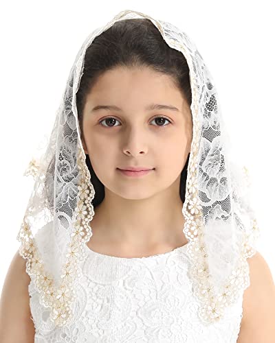 Mantveil Girl's First Communion Veil: White Lace Mantilla Head Coverings Latin Mass Church Veil for Catholic Baptism, Style3:white, 53cm*46cm