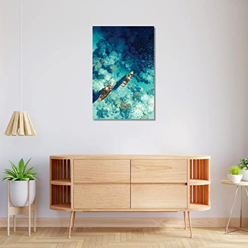 Image of RANGOLI 100% Cotton Stretched Canvas Painting 400 GSM, Framed Boat in Sea Canvas Abstract Wall Art for Living Room, 3D Paintings for Wall Decor (18 x 30 Inch With Frame)