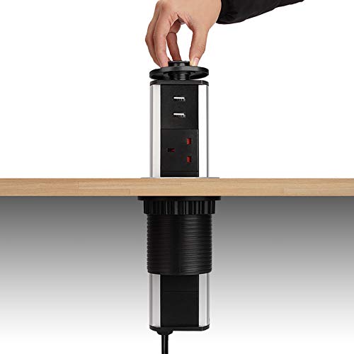 Pull Pop Up Power Sockets for Kitchen Worktops Electrical Plug Socket with 2 USB Charging Ports - Black