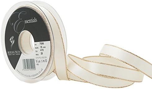 Berisfords Gold Edge Satin Ribbon, Bridal White, 15 mm