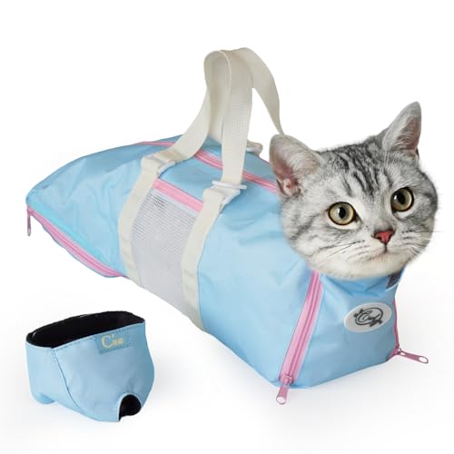 Image of Cinf Cat Nail Clipping Cleaning Grooming Restraint Bag （Free Muzzle） No Scratching Biting for Bathing Nail Trimming Injecting Examining((Sky Blue Blush,M)