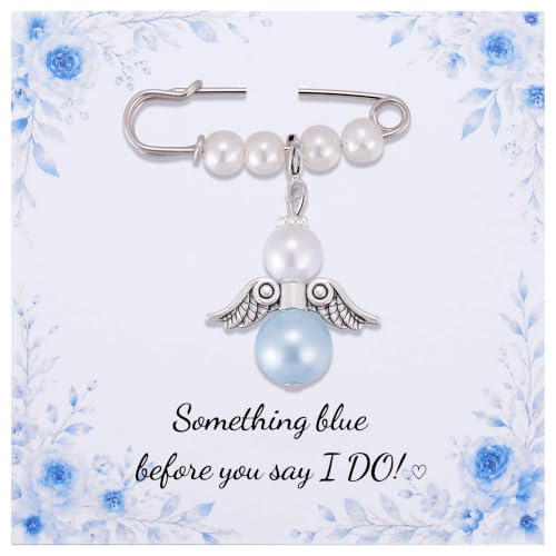 Image of MIXJOY Something Blue Gift for Bride, Wedding Day Bridal Blue Pearl Angel Wings Bouquet Garter Charm for Bride to Be