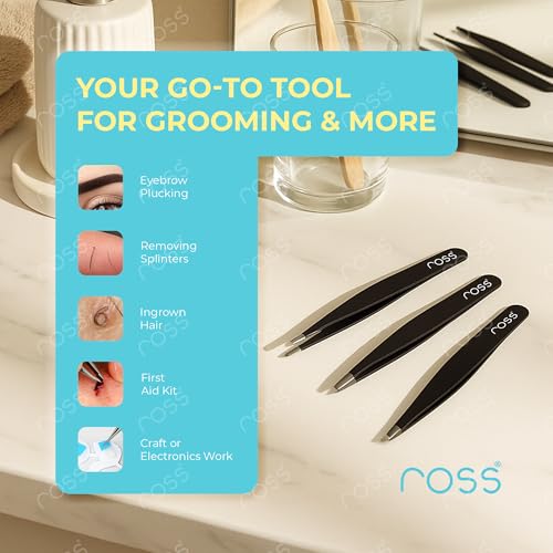 Image of Ross 3PCS Precision Tweezers Set - Stainless Steel Slant, Pointed & Curved Tips - Professional Kit for Eyebrow Shaping, Facial Hair, Ingrown Hair & Splinter Removal, Craft & Beauty Use - Black Finish