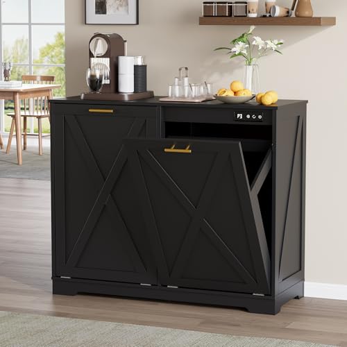 Image of Double Tilt Out Trash Can Cabinet, Wooden Farmhouse Kitchen Garbage Bin Enclosure with Negative Ion Odor Control, Hidden Dog Proof Trash or Laundry Basket Storage for Laundry Room, Black