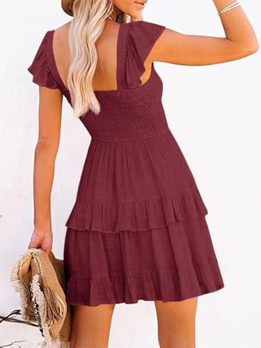 Image of Women Summer Dresses Casual Boho Smocked Ruffle Sun Beach Babydoll Mini Dress Layered Flowy Swing Dress