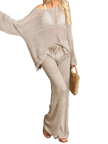 Famulily Womens 2 Piece Crochet Outfits Sexy Hollow Out Cover Up Sets Long Sleeve Tops and Drawstring Long Pants Matching Set