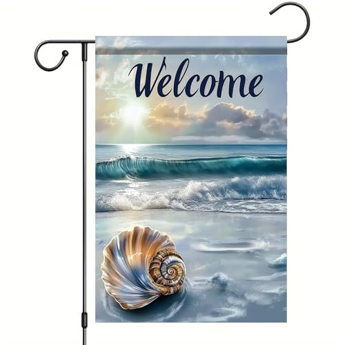 Starlit Patio Spring Summer Coastal Welcome Garden Flag 12x18 Inch Double-Sided Beach Ocean Wave Yard Banner Outdoor Nautical Porch Décor Seashell Sign for Lawn Tropical Garden Decoration