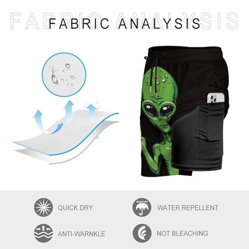 Mens Swim Trunks with Compression Liner, Space Alien Printed Beach Board Shorts3