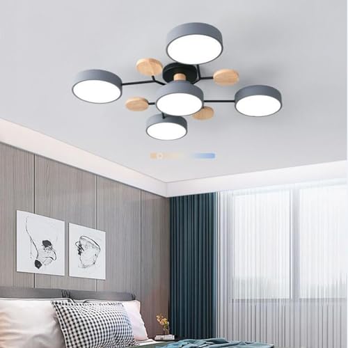 Plafonnier LED moderne en bois et fer gris avec 5 lumières pour salon