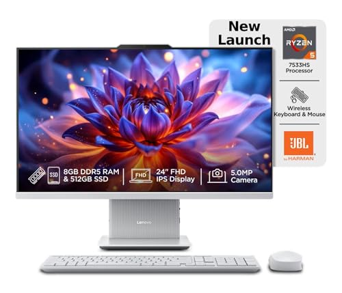 Image of Lenovo IdeaCentre AIO Ryzen 5 7533HS 23.8 inch FHD IPS All-in-One Desktop (8GB RAM /512GB SSD /Win11 /Microsoft 365 Basic + Office 2024 /3Wx2 Speakers /5MP+IR Camera /Wireless Keyboard & Mouse), F0HR00CFIN