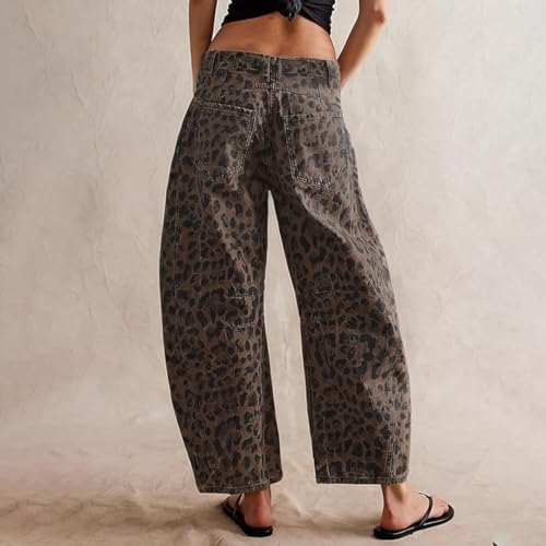 Women's Mid-Rise Barrel Jeans Vintage Leopard Printed Baggy Cropped Wide-Leg Denim Ankle Pants Boyfriend Jeans3