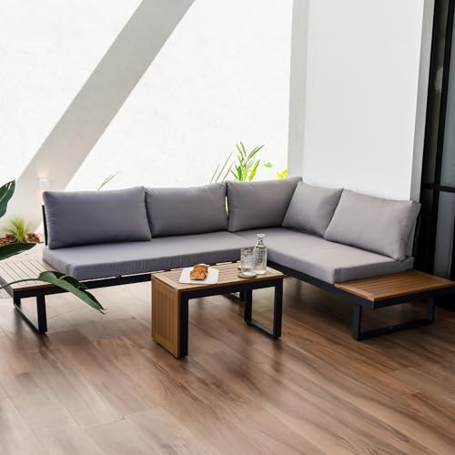 Relan Set Sofá Exterior Esquinero en L con Mesa de Centro Rectangular de 70x35, Sala de Jardín y Terraza Saigon con 2 Sofás de 2 Plazas Color Gris...