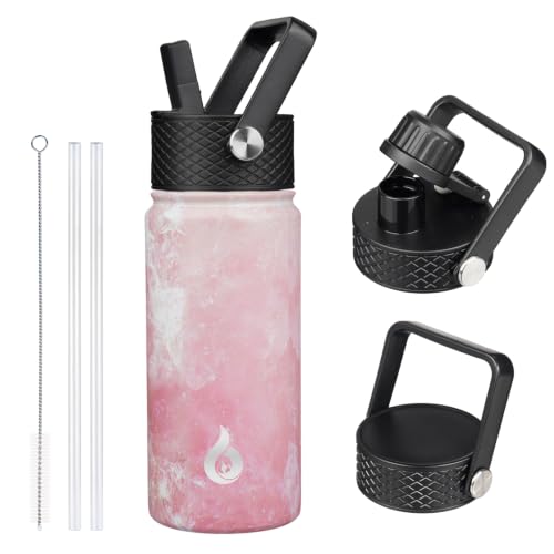 Image of BJPKPK Insulated Water Bottles with Straw Lid, 18oz Stainless Steel Metal Water Bottle, Cold Hot Thermo with 3 Lids, Leak Proof BPA Free Travel Cup, Wide Mouth Flasks - Blossom