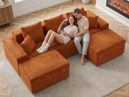 Image of Living&Giving 101 inch U-Shaped Cloud Sectional Couch for Living Room, Cloud Boneless Couch-No Assembly with Reversible Chaise, Customizable 3-Seat Modular Sectional Sofa with 2 Ottoman, Orange